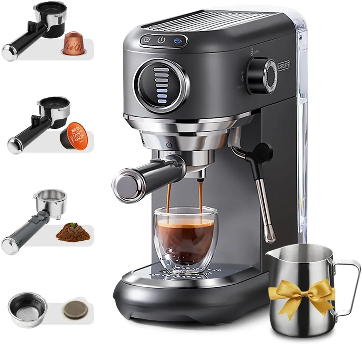 دستگاه قهوه ساز کپسولی 4 در 1 Cafelffe MK-601F به همراه کف شیر ساز و پارچ، دستگاه اسپرسو ساز دم آوری گرم/سرد سازگار با کپسول های نسپرسو/دولچه گوستو/پد ESE/قهوه آسیاب شده، جمع و جور برای استفاده در خانه/محل کار، خاکستری