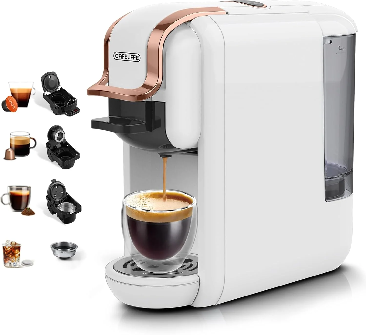 دستگاه قهوه ساز کپسولی 4 در 1 Cafelffe MK-603، اسپرسو ساز گرم/سرد 19 بار، سازگار با نس اورجینال/DG/ پد ESE 44 میلی متری/پودر قهوه، 220 ولت مناسب استفاده در عربستان سعودی، جمع و جور برای خانه/دفتر، تمیز کردن آسان، سفید