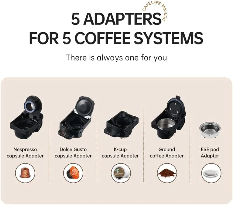 دستگاه قهوه ساز چند کپسولی 5 در 1 Cafelffe MK-606 با 7 سایز دم آوری، دستگاه اسپرسو ساز سرد/گرم سازگار با کپسول های K-Cup، نس اورجینال/DG/ESE/پودر قهوه، جمع و جور برای خانه/دفتر، مشکی