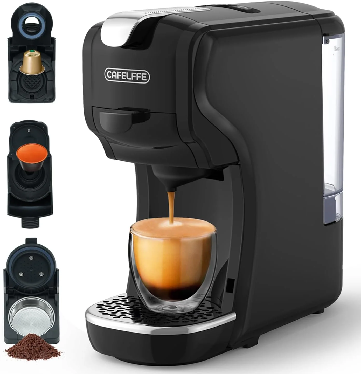 دستگاه قهوه ساز کپسولی 3 در 1 CAFELFFE، دستگاه تهیه قهوه سرد و گرم با 3 گزینه آداپتور، دارای جا لیوانی قابل تنظیم و مخزن آب جداشدنی 1450 وات - مشکی