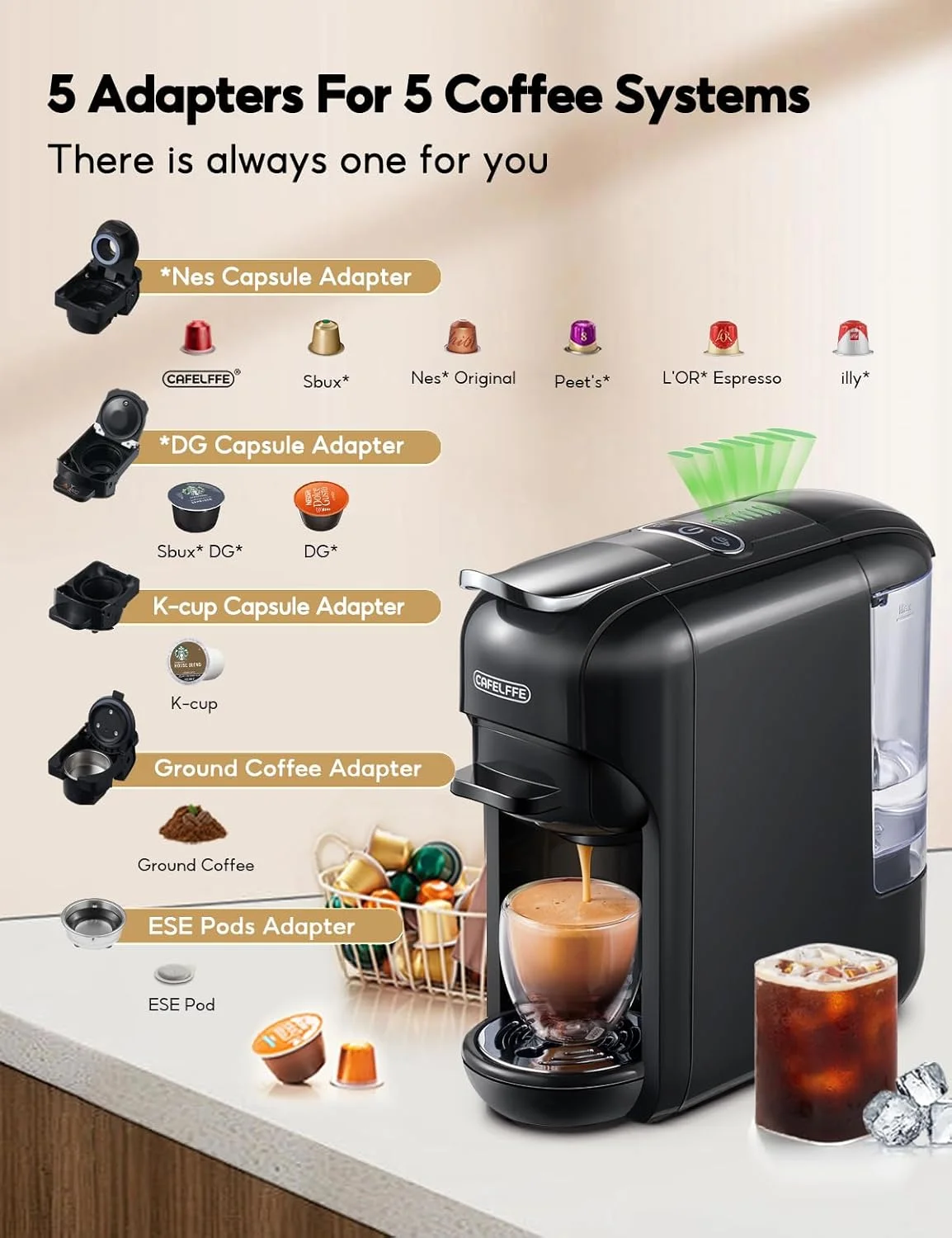 دستگاه قهوه ساز کپسولی اتوماتیک 5 در 1 CAFELFFE | دستگاه قهوه ساز با عصاره گیری سرد و گرم، دستگاه اسپرسو ساز 19 بار مناسب برای نس*, DG*, Kcup، پدهای ESE 44 میلی متری و پودر قهوه - مشکی مات