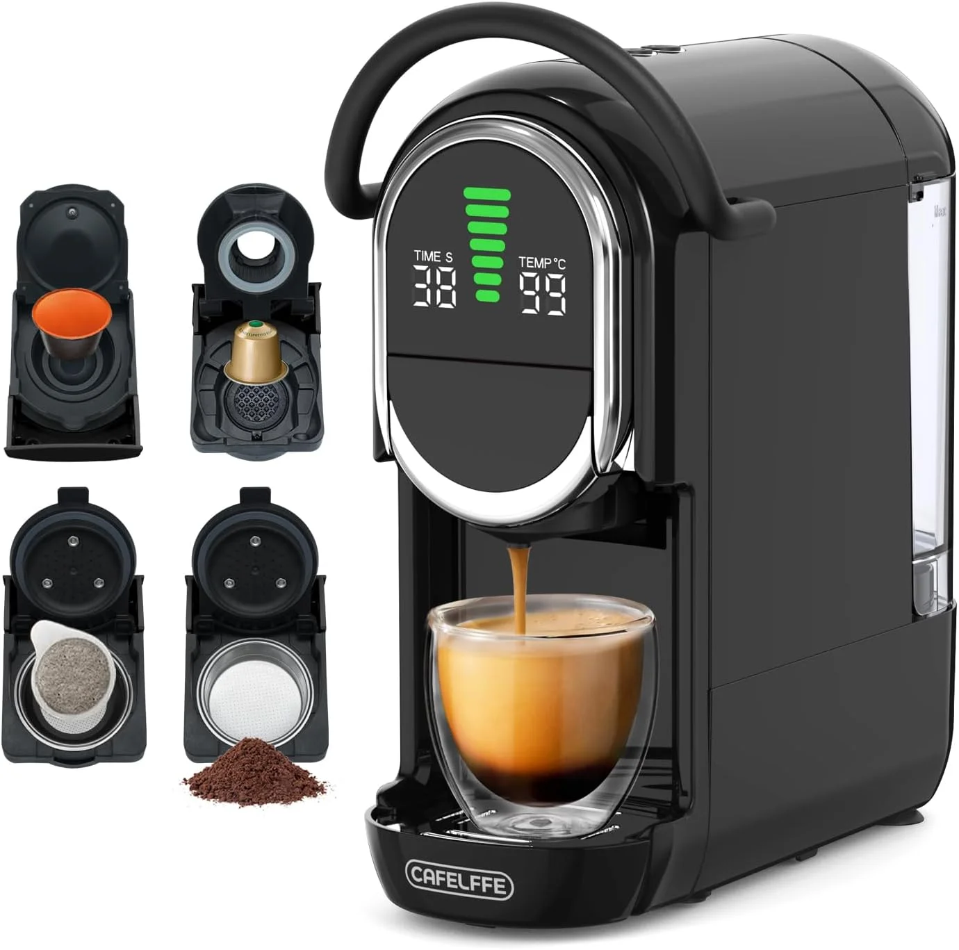 دستگاه قهوه ساز کپسولی اتوماتیک 4 در 1 CAFELFFE | دستگاه قهوه ساز سرد و گرم | دستگاه اسپرسوساز با قابلیت تنظیم دما و حجم قهوه برای کپسول های نس*, DG*, پدهای ESE و پودر قهوه - مشکی مات