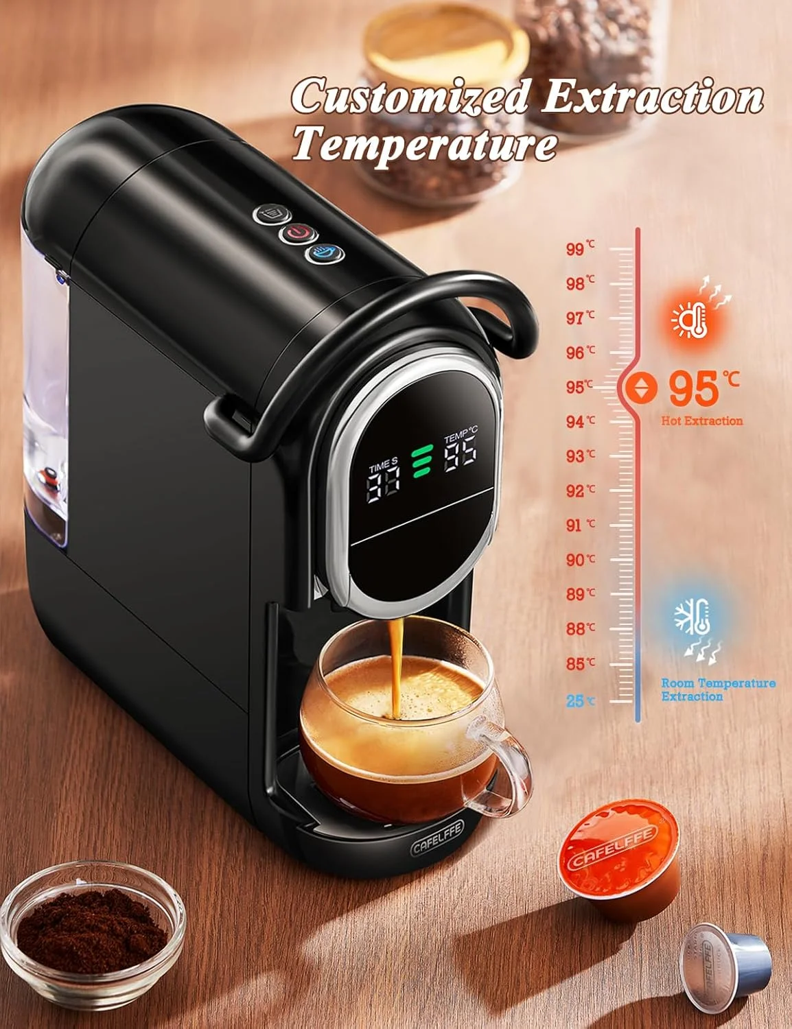 دستگاه قهوه ساز کپسولی اتوماتیک 4 در 1 CAFELFFE | دستگاه قهوه ساز سرد و گرم | دستگاه اسپرسوساز با قابلیت تنظیم دما و حجم قهوه برای کپسول های نس*, DG*, پدهای ESE و پودر قهوه - مشکی مات