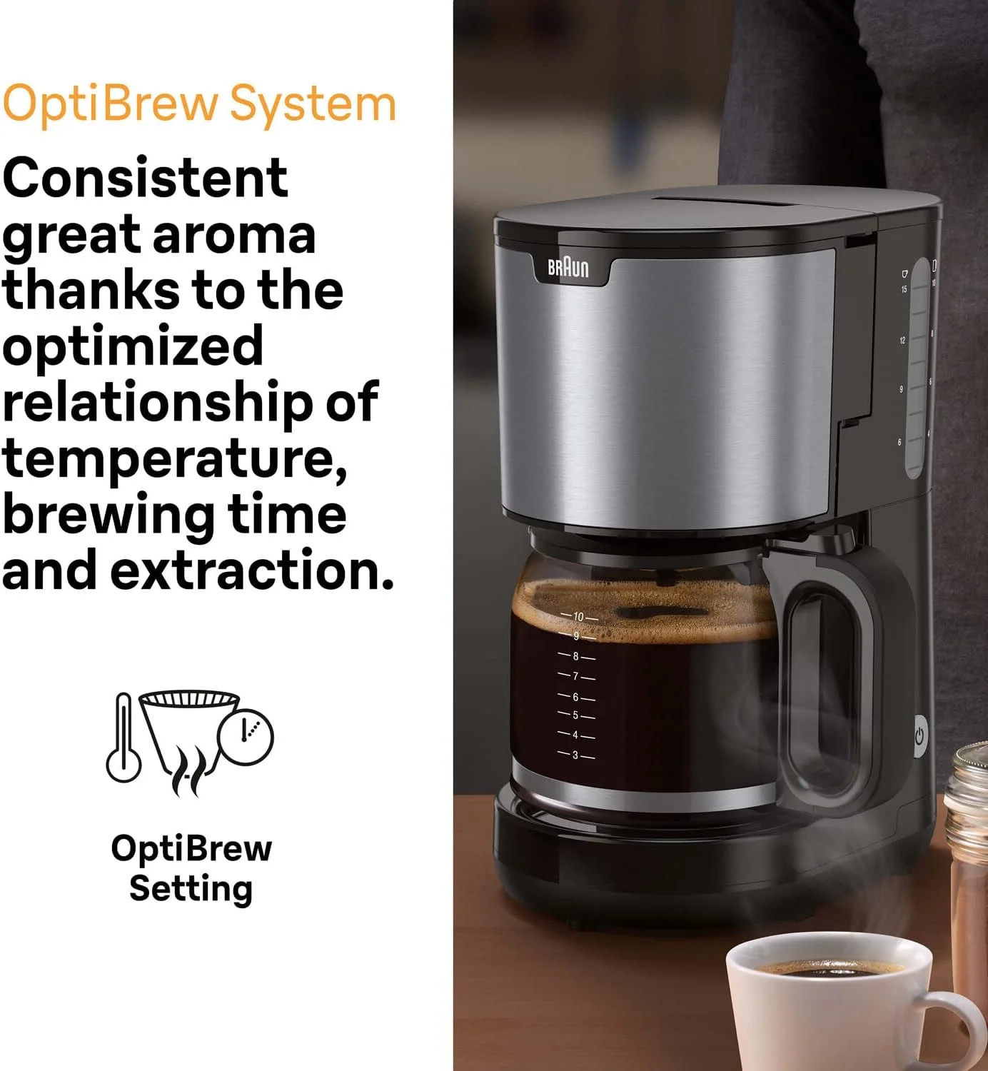 دستگاه قهوه ساز فیلتری براون مدل PurShine KF 1500 BK با قوری شیشه ای برای 10 فنجان، سیستم OptiBrew، خاموش شدن خودکار، 1000 وات، رنگ: مشکی