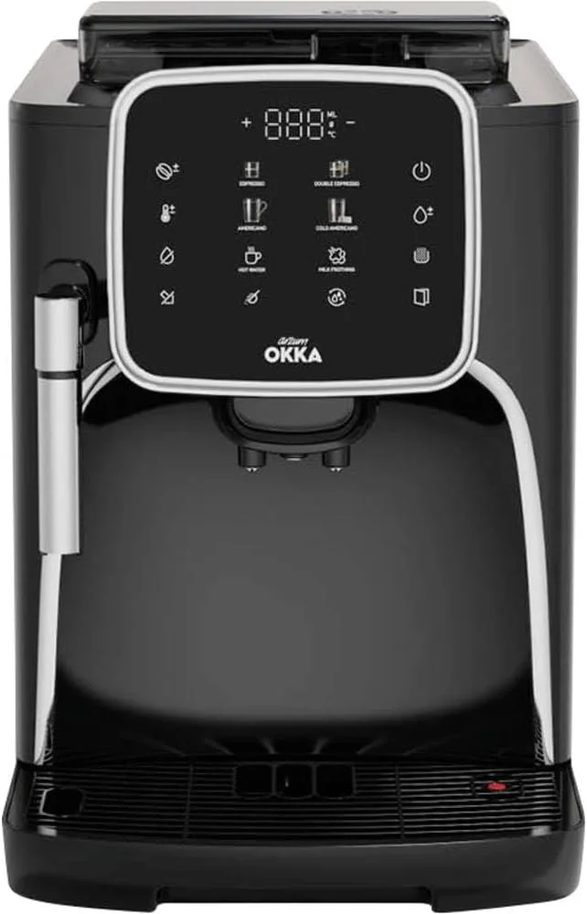 دستگاه اسپرسوساز اتوماتیک آرزوم اوکا مدل پرو، ظرفیت آب 1.8 لیتر، اسپرسو دوبل، آمریکانو، آمریکانو سرد، قهوه آسیاب شده، فوم شیر، آسیاب داخلی، کروم، OK0030-05