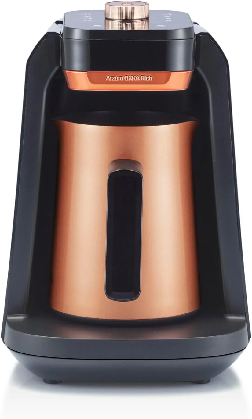 قهوه ساز اتوماتیک ترک Arzum OKKA Rich Pro Plus، نوشیدنی های شیری و سایر نوشیدنی های گرم، دیگ استیل ضد زنگ (دارای مخزن آب) - OK0038-0400 - مسی. 1 سال 