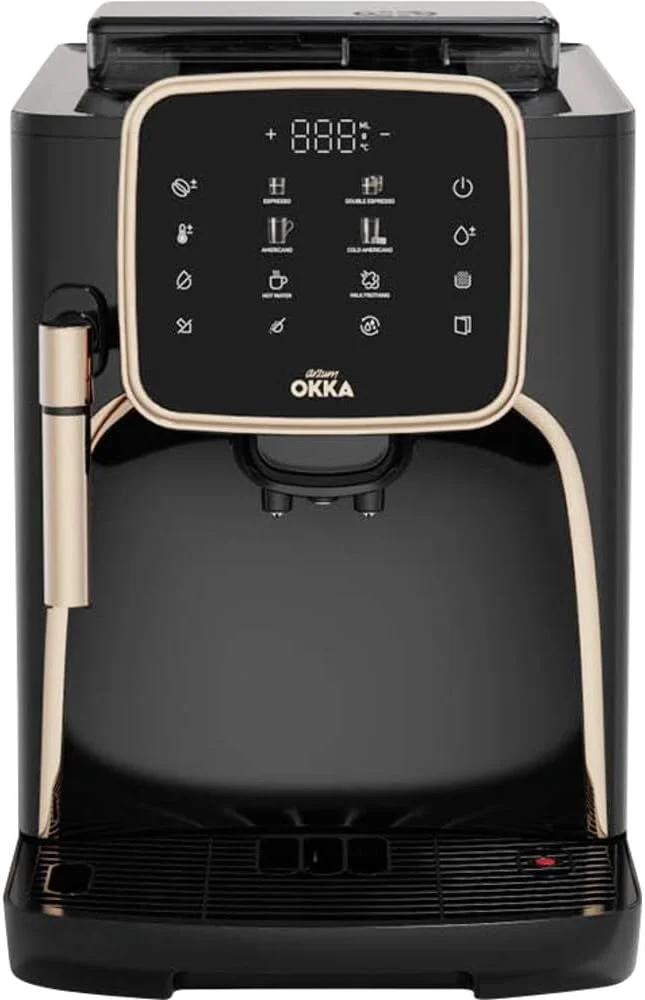 دستگاه اسپرسو ساز اتوماتیک آرزوم اوکا مدل پرو، ظرفیت آب 1.8 لیتر، اسپرسو دوبل، آمریکانو، آمریکانو سرد، قهوه آسیاب شده، فوم شیر، آسیاب داخلی، مسی، OK0030-04