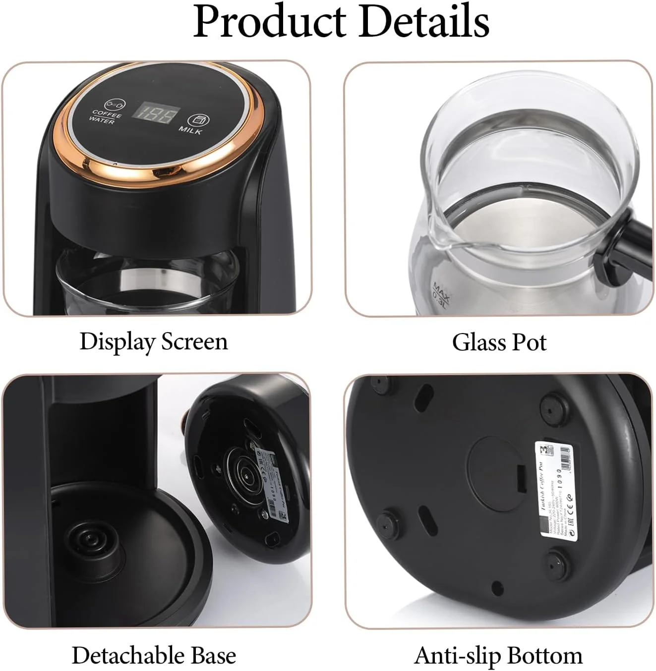 قهوه ساز ترکی Angju، قهوه جوش برقی شیشه ای قابل حمل با صفحه نمایش، دستگاه قهوه ترک و نوشیدنی های گرم و گرم کردن شیر، قهوه جوش اتوماتیک مناسب دفتر و مسافرت