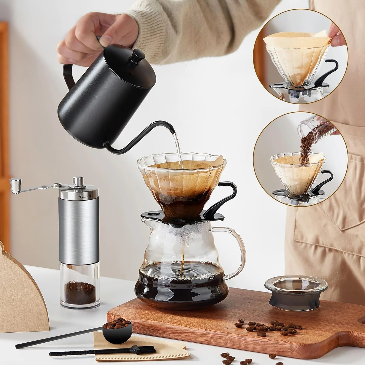 ست قهوه AccLoo V60، ست کامل 13 تکه قهوه ساز قطره ای با کارافه شیشه ای 600 میلی لیتری، کتری گردن غازی، آسیاب دستی، ترازو و کیف مسافرتی