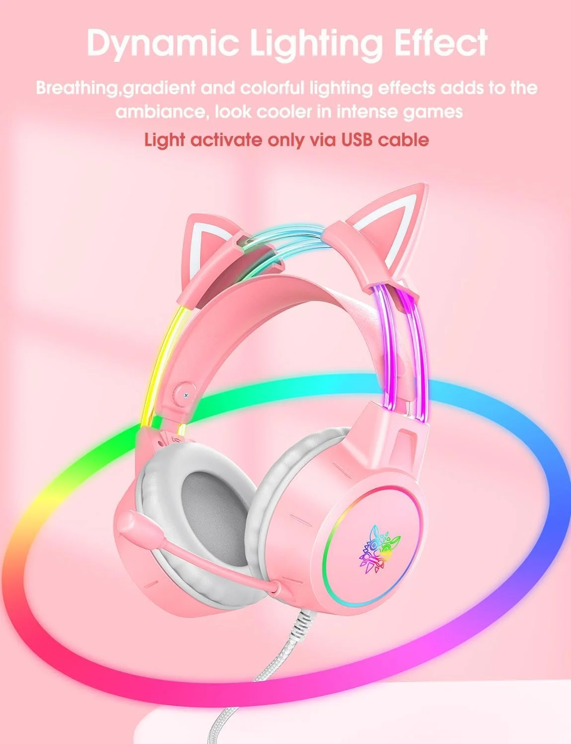 هدست بازی سبک وزن با گوش‌های گربه‌ای جداشدنی، نورپردازی RGB، هدفون سیمی روگوشی با میکروفون برای PC، PS4، PS5، Xbox، Switch، صدای فراگیر استریو، هدبند خود تنظیم شونده