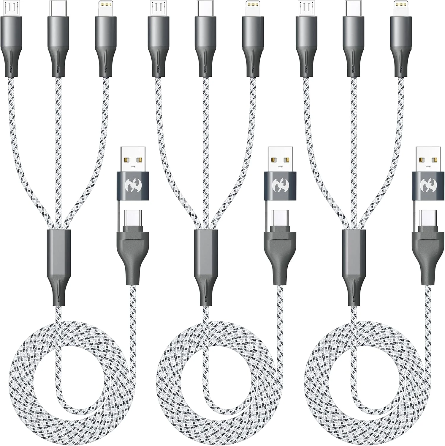 کابل شارژ چند منظوره IDISON (بسته 3 عددی، 1.2 متری) کابل شارژ 3 در 1 با روکش نایلونی بافته شده، پورت USB A/C، کابل شارژ آیفون با Type C Micro Lightning USB برای گوشی های آیفون و اندروید اپل