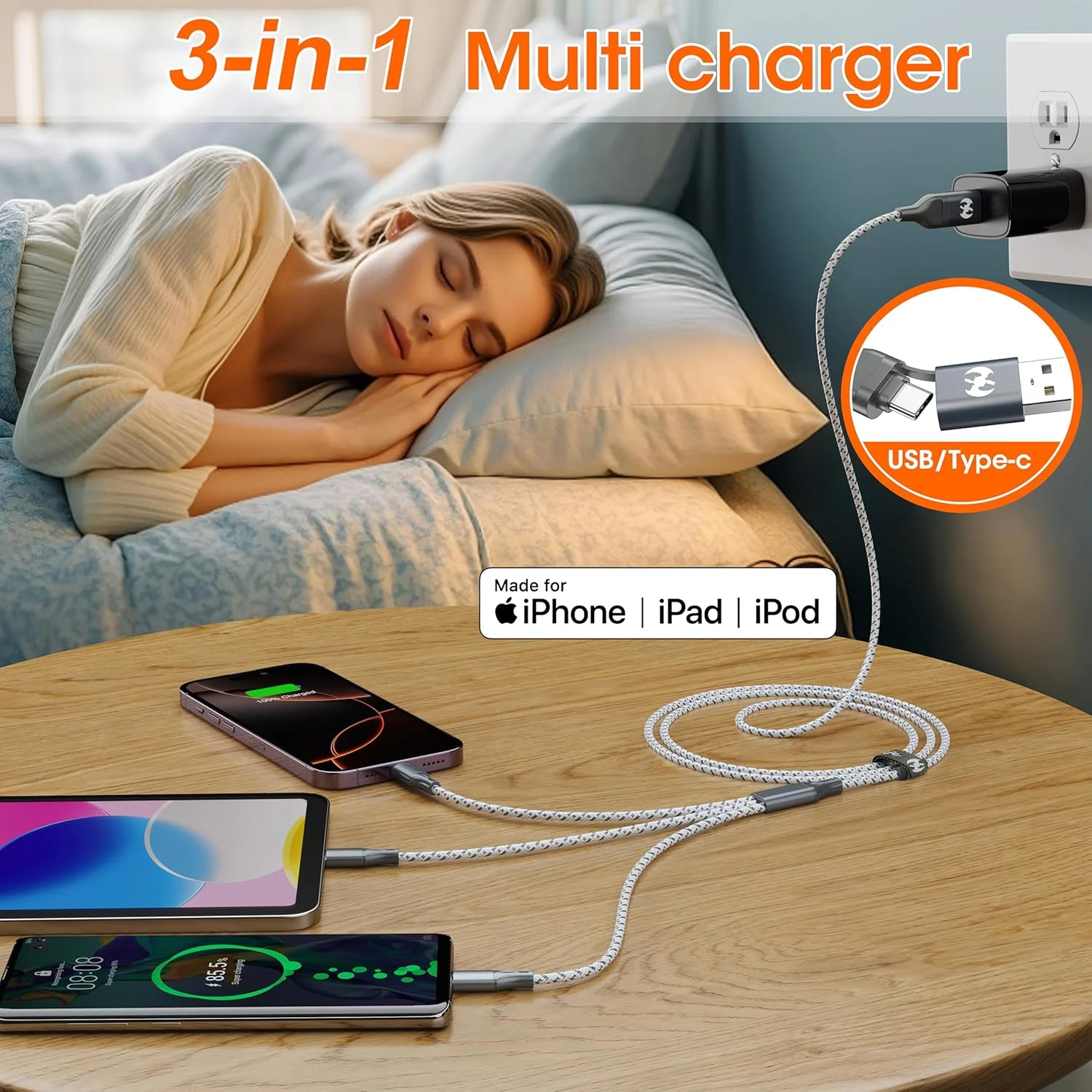 کابل شارژ چند منظوره IDISON (بسته 3 عددی، 1.2 متری) کابل شارژ 3 در 1 با روکش نایلونی بافته شده، پورت USB A/C، کابل شارژ آیفون با Type C Micro Lightning USB برای گوشی های آیفون و اندروید اپل