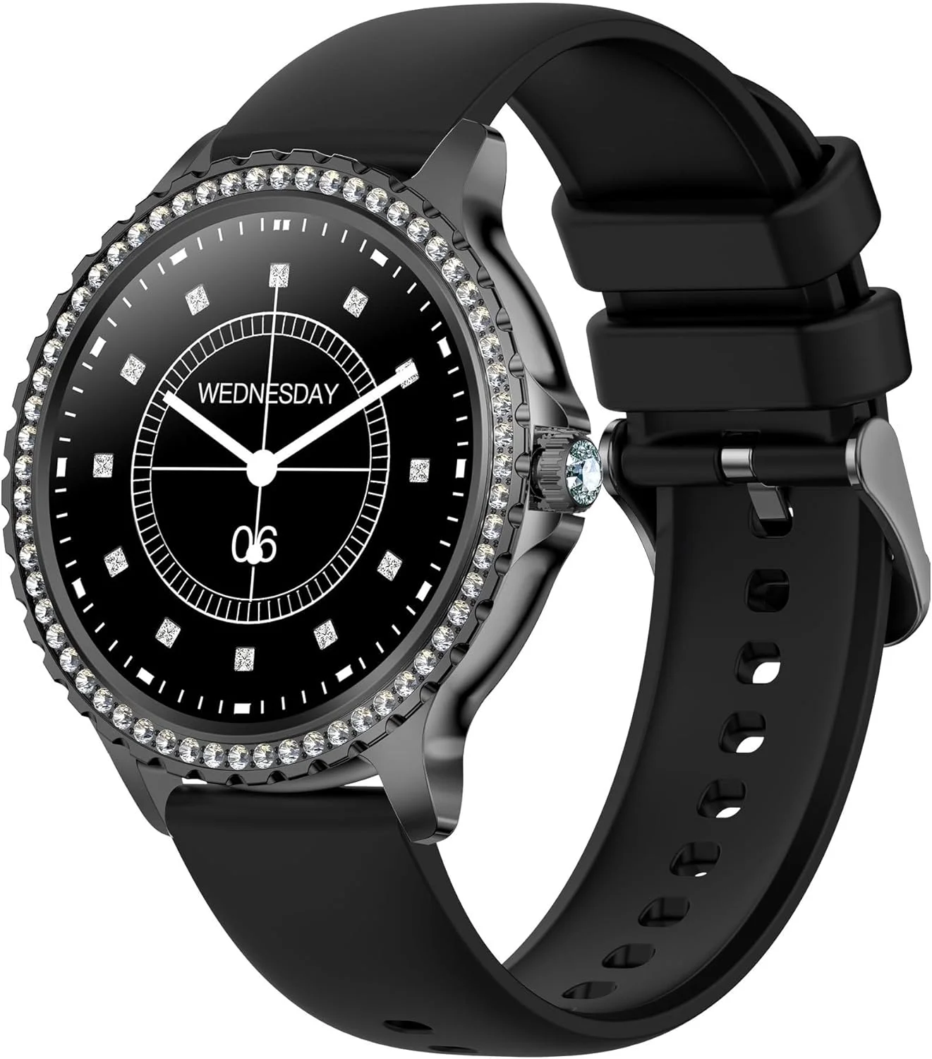 ساعت هوشمند مشکی لوکس زنانه Yihou، ردیاب تناسب اندام گرد الماسی برای تلفن های Android iOS با قابلیت پاسخگویی/برقراری تماس و پایش خواب