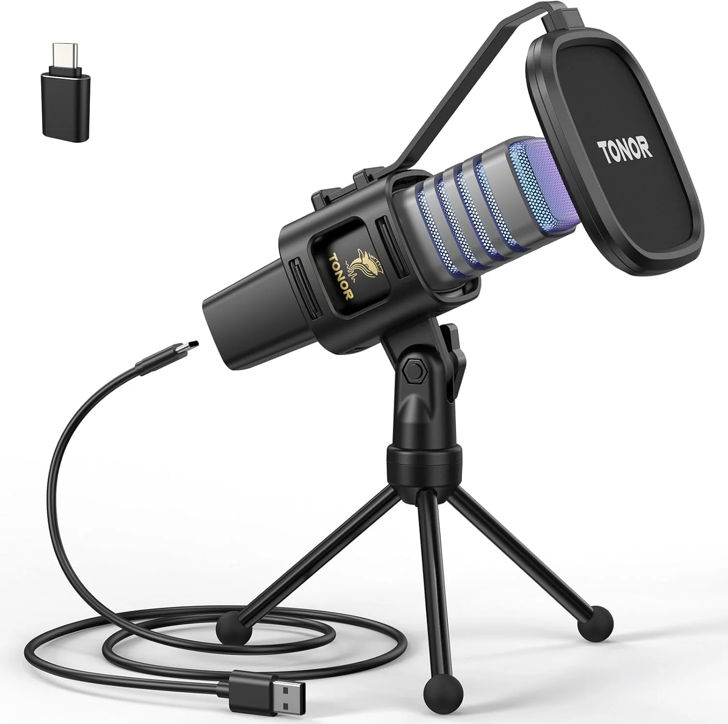 میکروفون USB گیمینگ TONOR میکروفون RGB کامپیوتر استریم پادکست استودیویی کاردیوئید با پایه میکروفون برای بازی، یوتیوب، کنفرانس، آواز خواندن، میکروفون برای PS4 PS5، مدل TC30