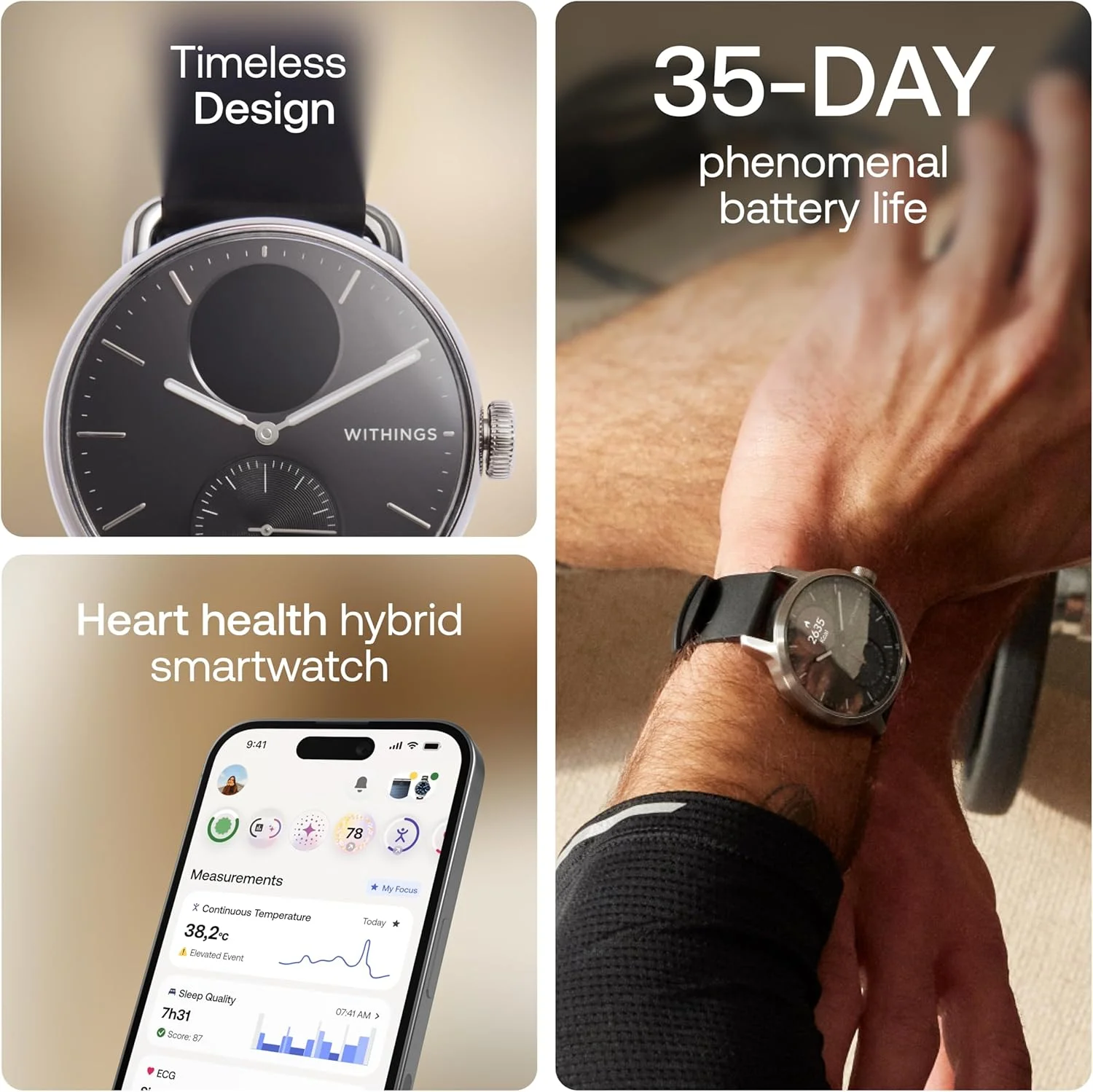 ساعت هوشمند هیبریدی Withings ScanWatch 2، پایش ضربان قلب، ردیاب تناسب اندام، ردیاب چرخه، پایش خواب، ردیاب GPS، عمر باتری 30 روزه، سازگار با اندروید و اپل، HSA/FSA
