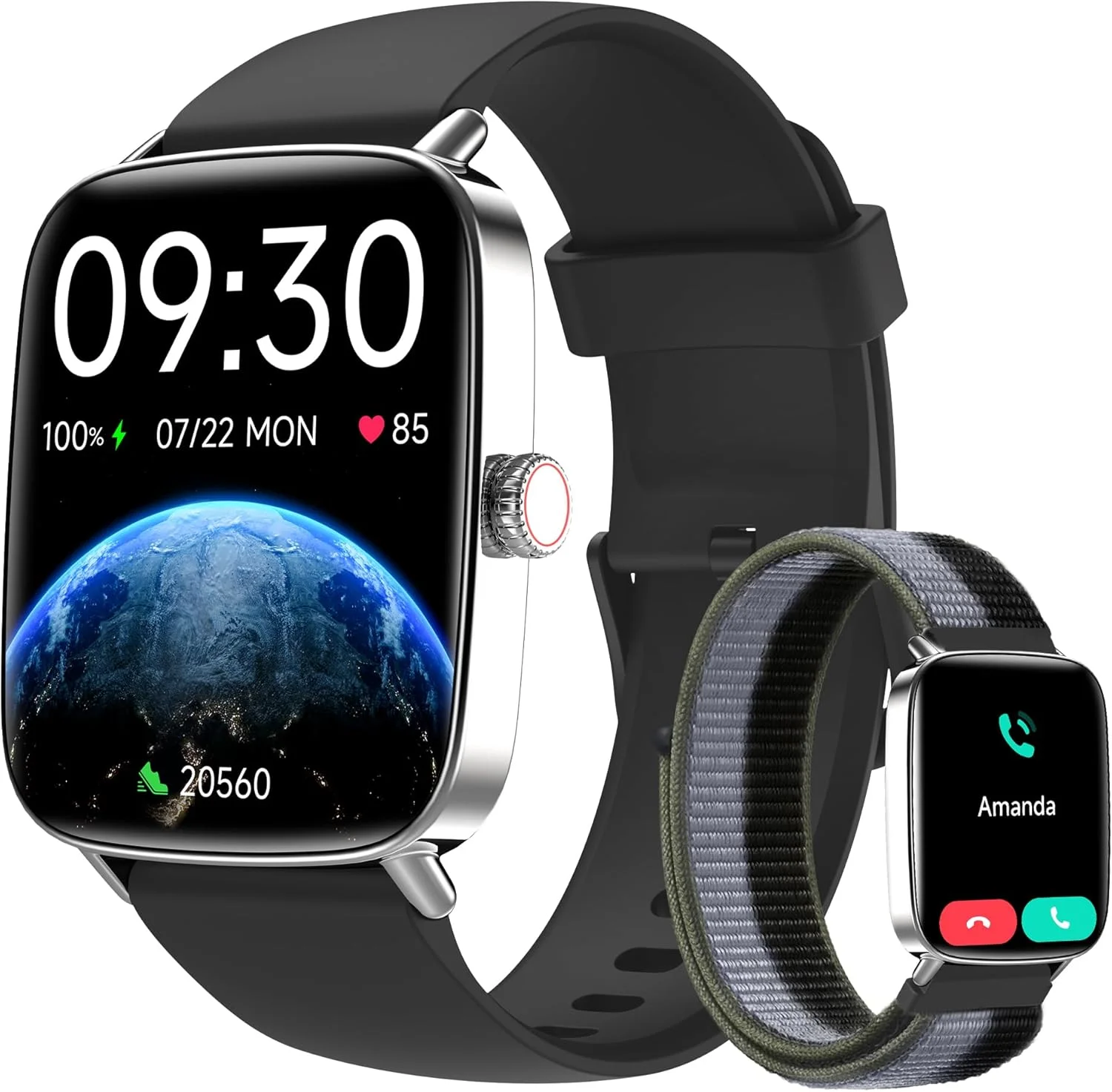 ساعت هوشمند برای زنان و مردان، ساعت هوشمند صفحه نمایش دینامیک HD 1.85 اینچی برای اندروید و آیفون با قابلیت پاسخگویی/برقراری تماس، ردیاب تناسب اندام با بیش از 110 حالت ورزشی، پایش ضربان قلب/SpO2/خواب، ضد آب IP68 (2 بند)