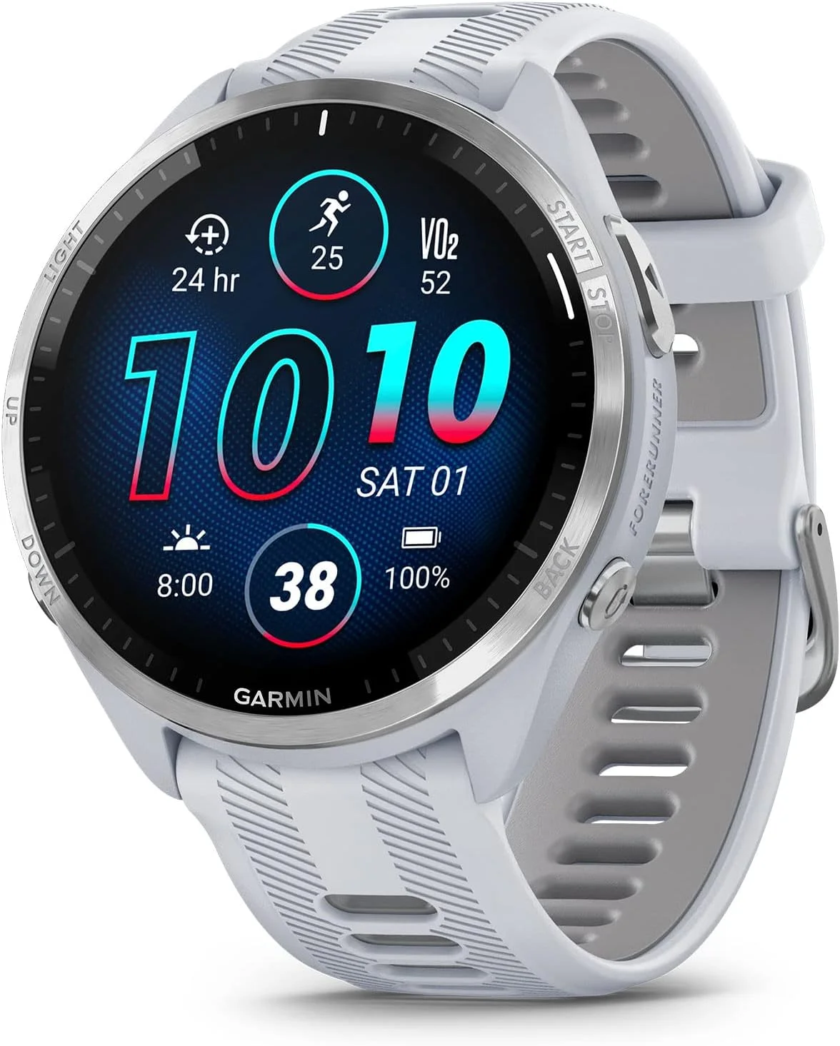 ساعت هوشمند ورزشی گارمین Forerunner® 965، صفحه نمایش رنگی AMOLED، معیارهای تمرینی و بینش های ریکاوری، سفید سنگی و خاکستری پودری