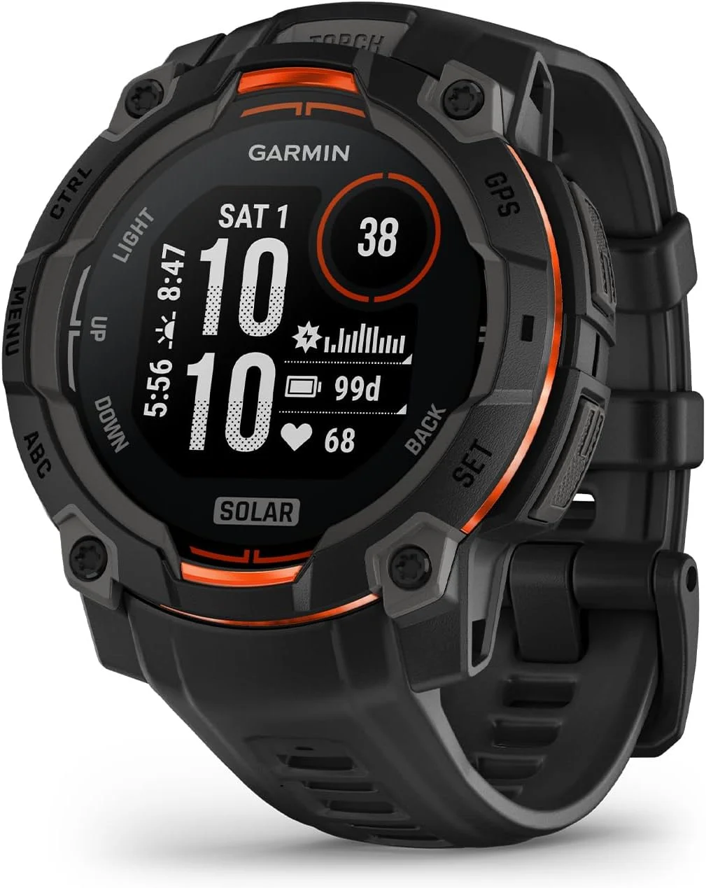 ساعت هوشمند GPS مقاوم Garmin Instinct® 3 با نمایشگر شارژ خورشیدی 45 میلی‌متری، بدنه تقویت‌شده فلزی، چراغ قوه داخلی، مشکی