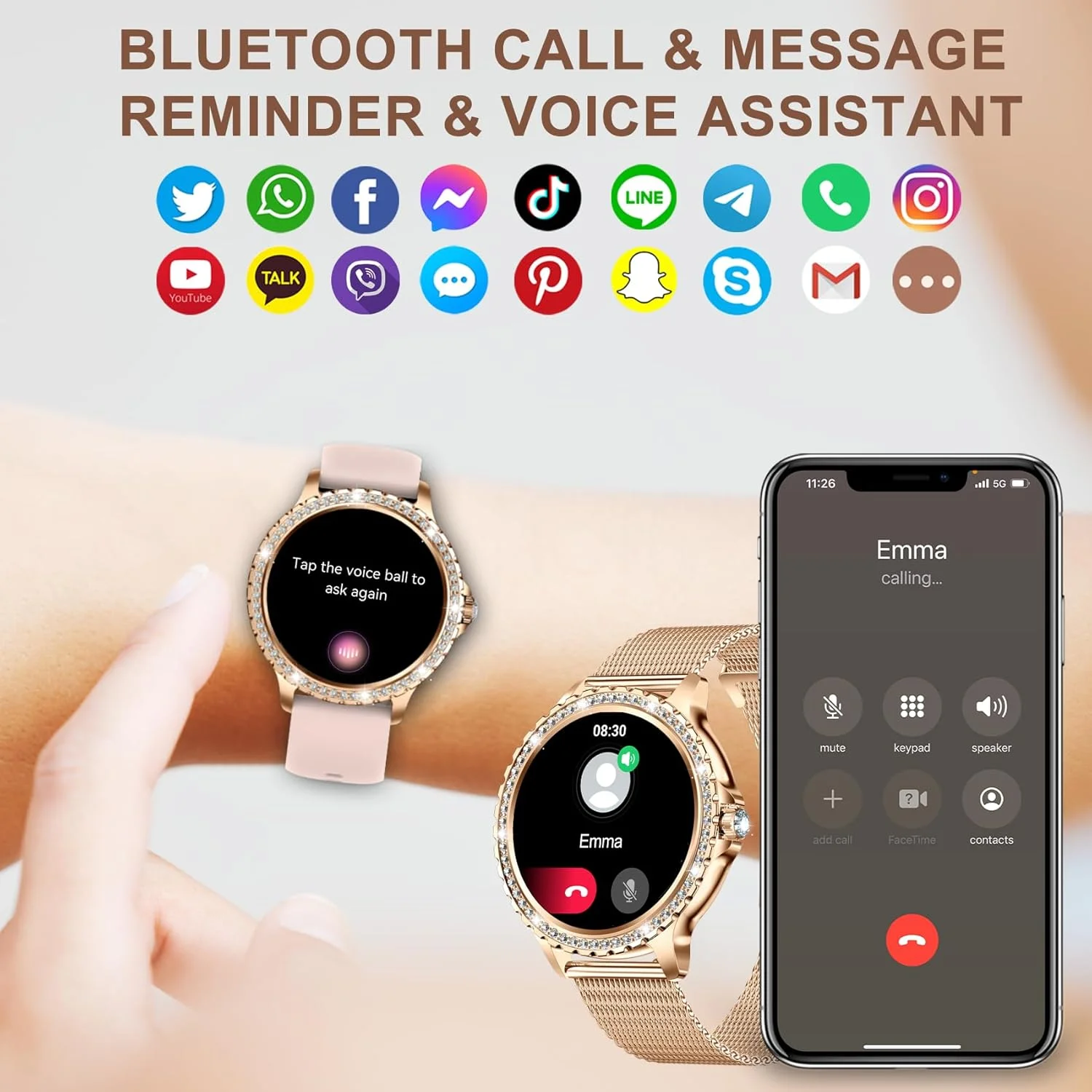 ساعت هوشمند زنانه (پاسخ/برقراری تماس) ساعت زنانه HD 1.32 اینچی با ردیاب ضربان قلب، خواب و تناسب اندام با حالت های ورزشی، ساعت های دیجیتال برای تلفن های iOS و Android