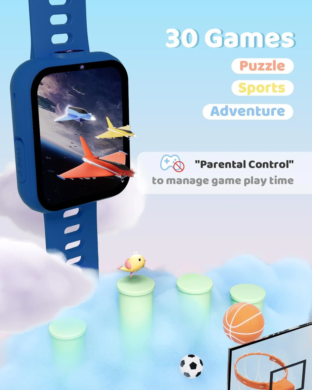 ساعت هوشمند بچگانه با دو دوربین، 30 بازی پازل، پخش کننده ویدیو و موسیقی، کتاب صوتی، چراغ قوه، گام شمار، ماشین حساب، اسباب بازی های آموزشی هدیه تولد برای پسران و دختران 4-10 ساله - آبی