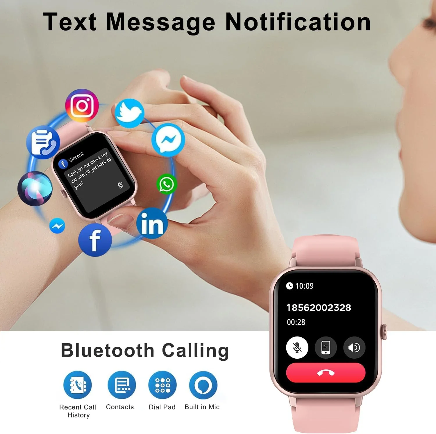 ساعت هوشمند مناسب آقایان و بانوان سازگار با گوشی های اندروید و آی او اس، صفحه نمایش لمسی کامل 1.83 اینچی ضدآب IP68، ردیاب تناسب اندام با قابلیت برقراری/دریافت تماس، 123+ حالت ورزشی، پایش ضربان قلب/خواب، صورتی ساعت هوشمند مناسب آقایان و بانوان سازگار با گوشی های اندروید و آی او اس، صفحه نمایش لمسی کامل 1.83 اینچی ضدآب IP68، ردیاب تناسب اندام با قابلیت برقراری/دریافت تماس، 123+ حالت ورزشی، پایش ضربان قلب/خواب، صورتی