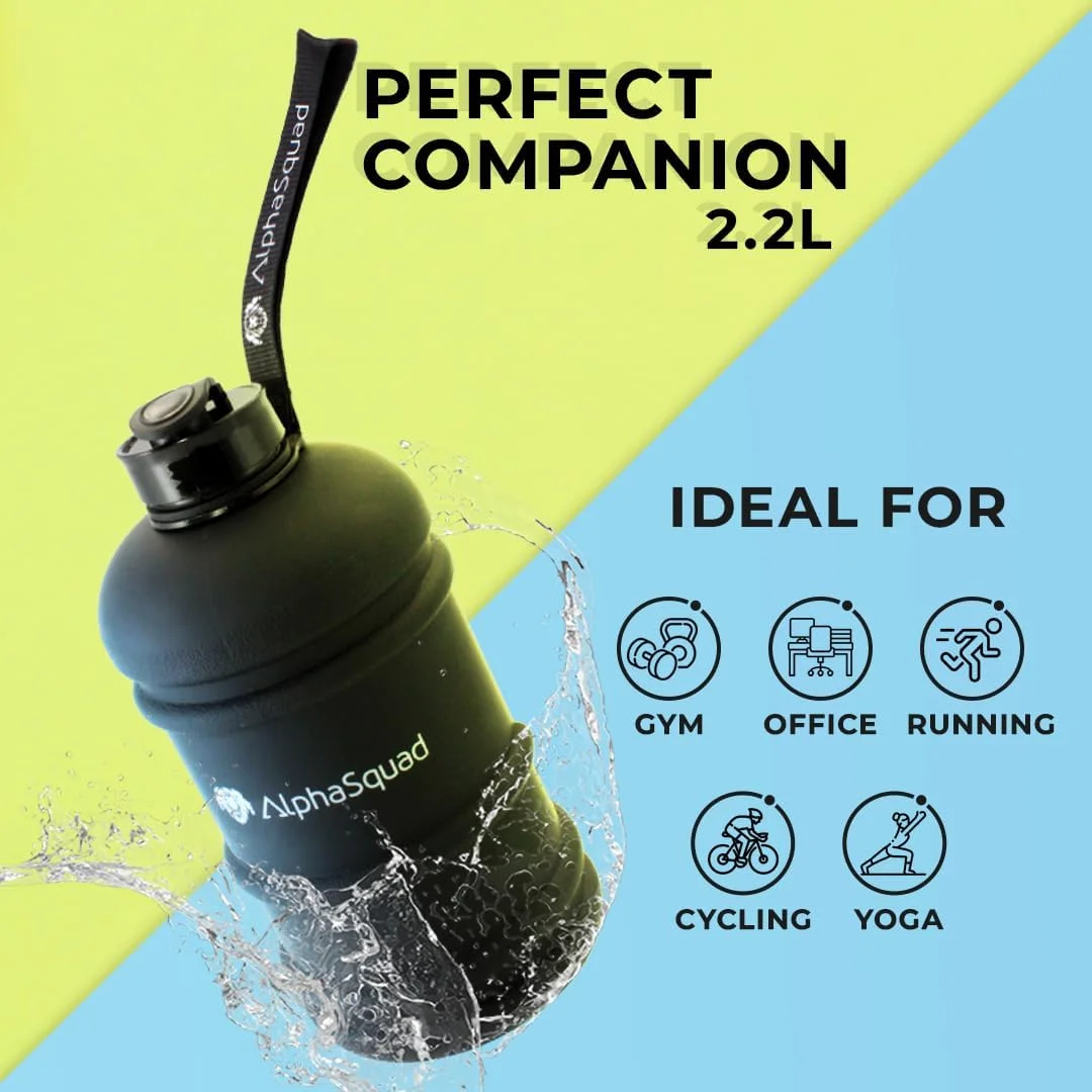 بطری آب ورزشی آلفا اسکواد 2.2 لیتری با دسته، قمقمه ورزشی بزرگ 2.2 لیتری مشکی، بدون BPA و ضد نشت مناسب باشگاه، یوگا، کمپینگ و مسافرت