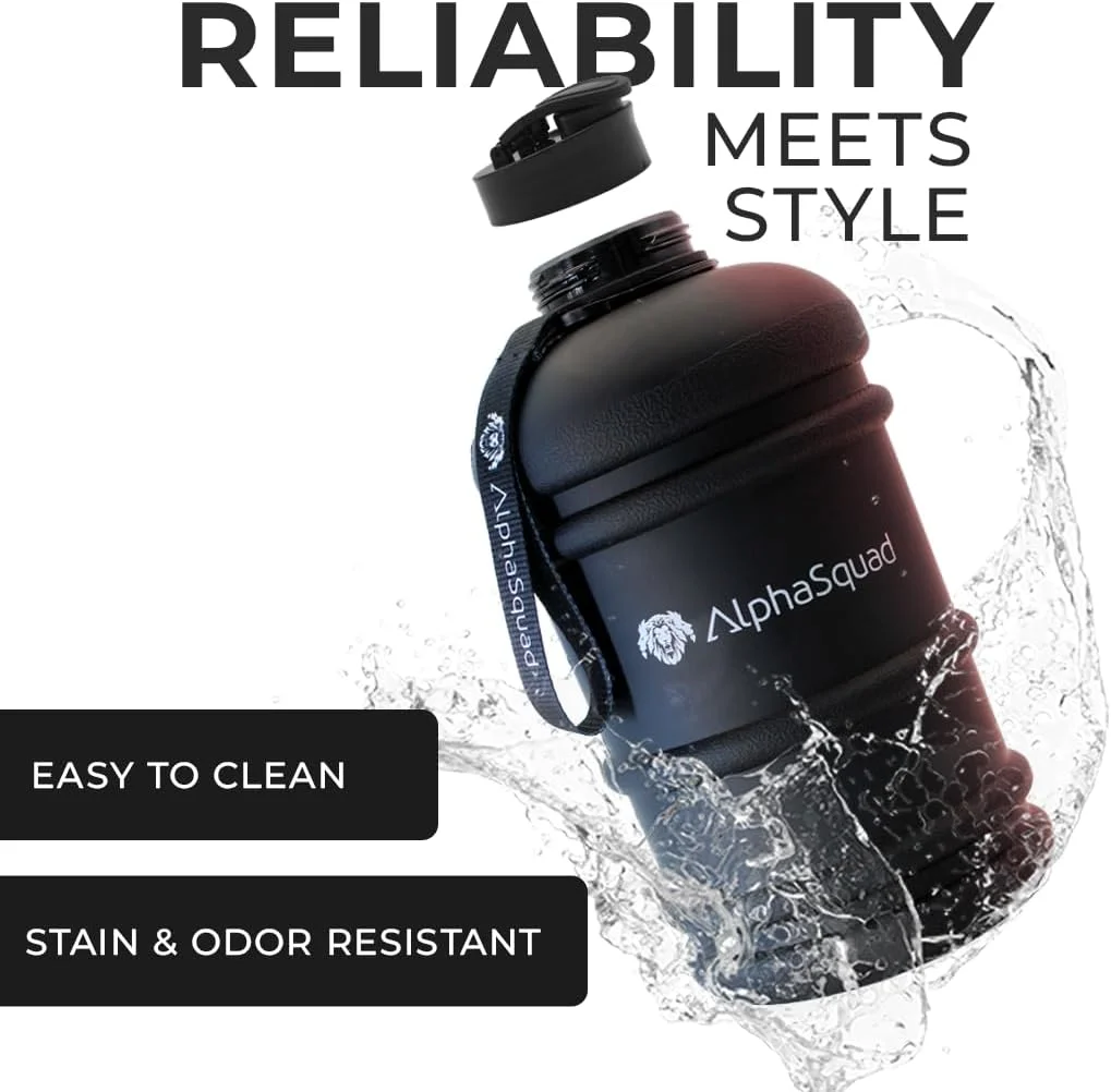 بطری آب ورزشی آلفا اسکواد 2.2 لیتری با دسته، قمقمه ورزشی بزرگ 2.2 لیتری مشکی، بدون BPA و ضد نشت مناسب باشگاه، یوگا، کمپینگ و مسافرت