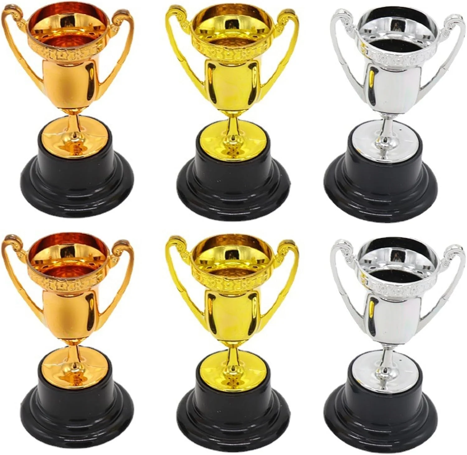 جام های جایزه کوچک تزویق کودکان - بسته 6 عددی - جام جایزه پلاستیکی کوچک با پایه، مجموعه جام های جایزه پلاستیکی طلایی نقره ای برنزی برای مسابقات