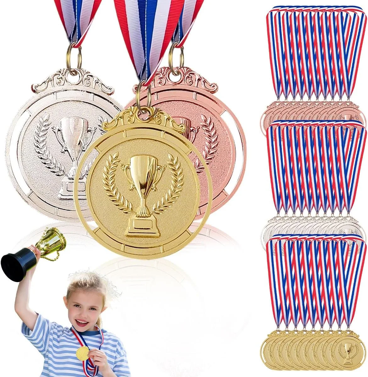 مجموعه مدال های فلزی ورزشی طلایی نقره ای برنز با روبان گردنی برای مسابقات فوتبال، ژیمناستیک، و فوتبال