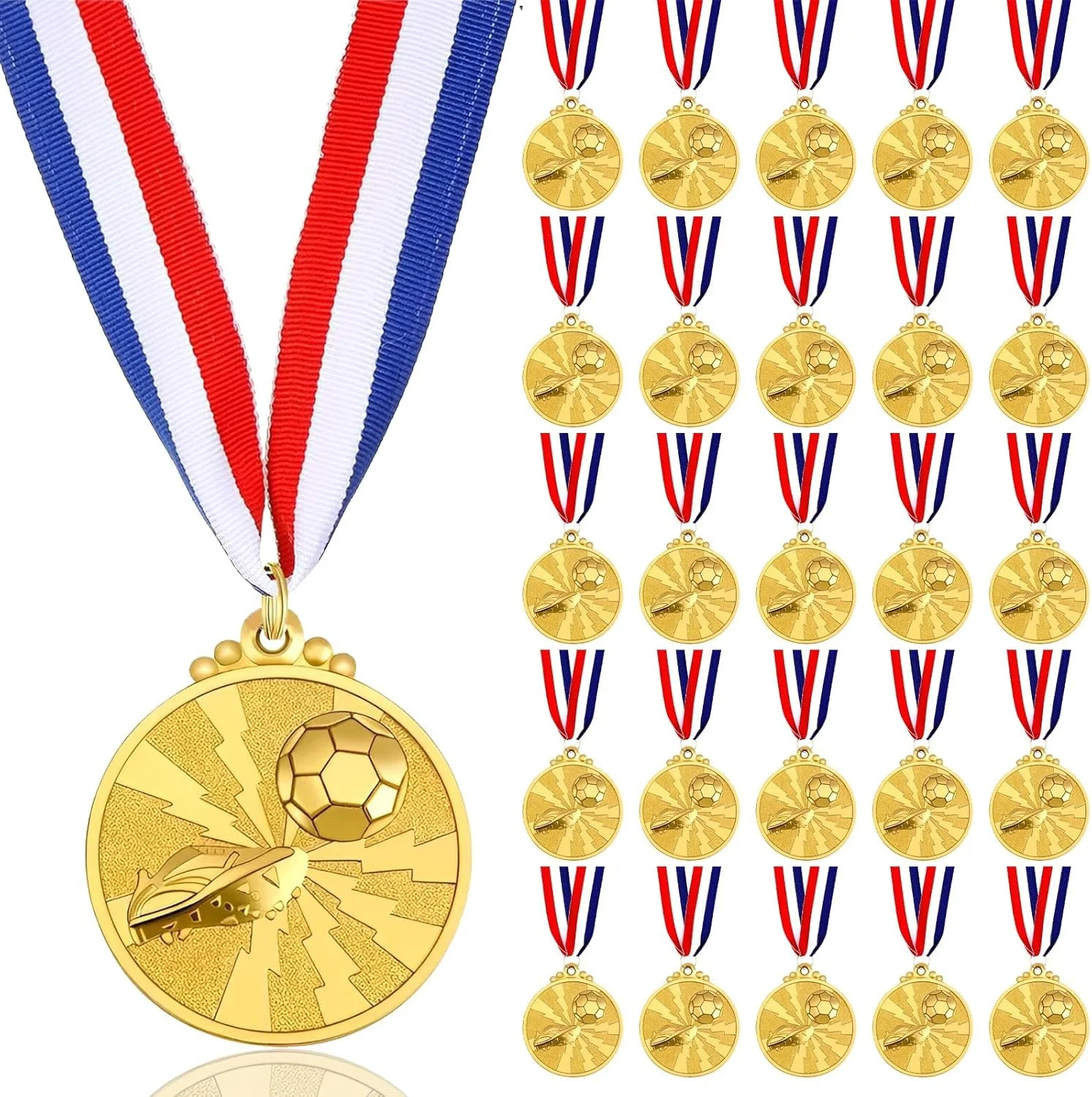 ست 24 عددی مدال طلایی فوتبال با روبان، مدال های فوتبال برای مسابقات ورزشی، جشن ها و هدایای مهمانی