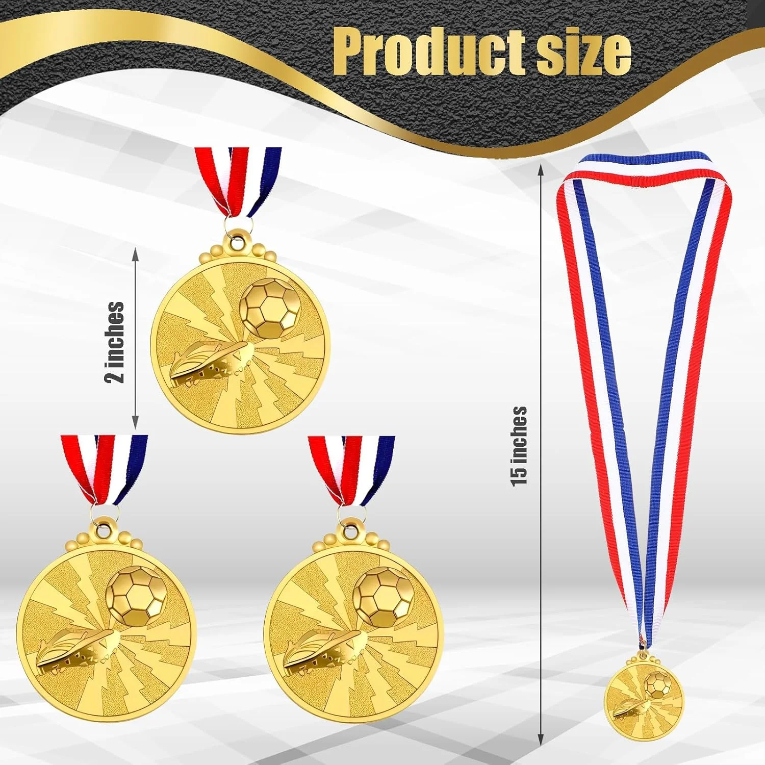 ست 24 عددی مدال طلایی فوتبال با روبان، مدال های فوتبال برای مسابقات ورزشی، جشن ها و هدایای مهمانی
