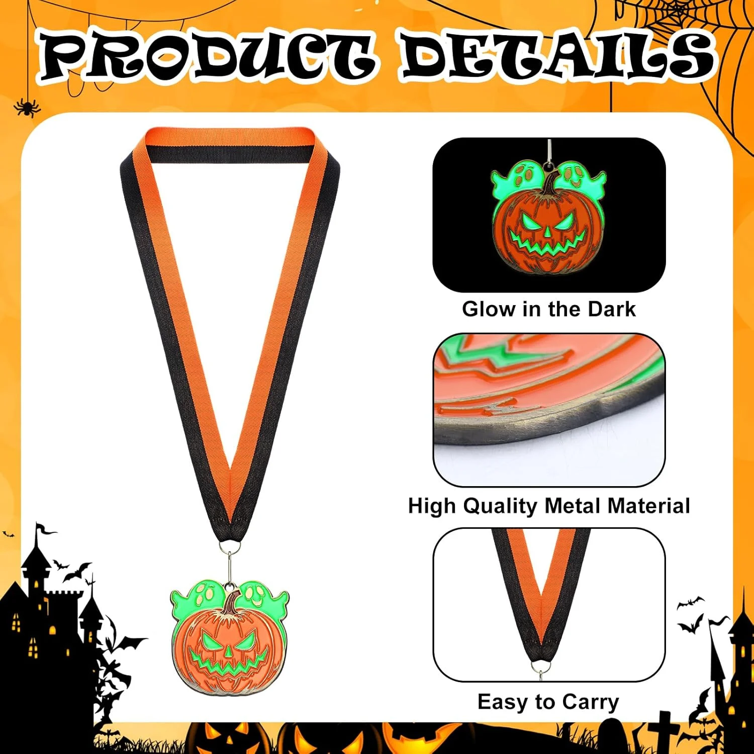 20 عدد مدال هالووین 6 سانتی‌متری شب‌تاب با روبان گردنی، جایزه مسابقه لباس و دکوراسیون مهمانی