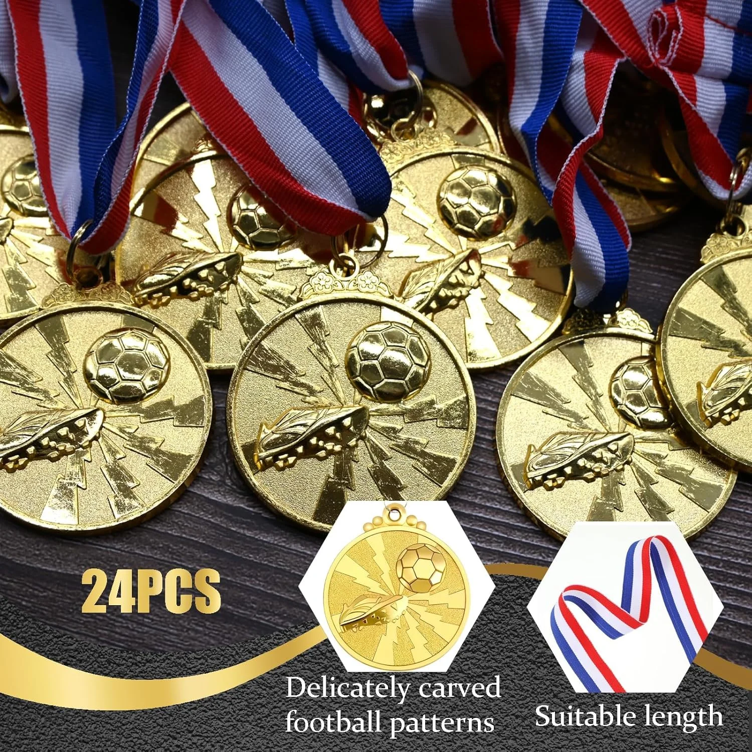 ست 24 عددی مدال طلایی فوتبال با روبان، مدال های فوتبال برای مسابقات ورزشی، جشن ها و هدایای مهمانی