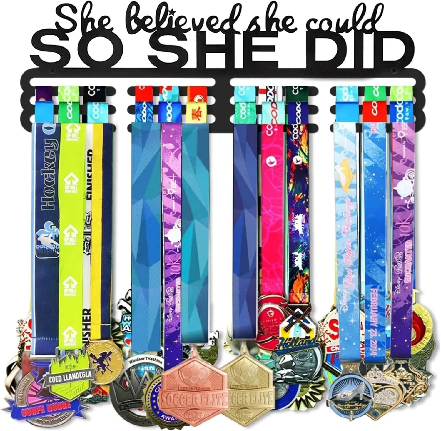 آویز مدال، استند نگهداری مدال، نصب دیواری، فلزی، مناسب ورزش، ماراتن، دویدن، فوتبال، ژیمناستیک، ظرفیت بالا، بیش از 60 مدال، دکور دیواری محکم، شعار انگیزشی، مدال مسابقه