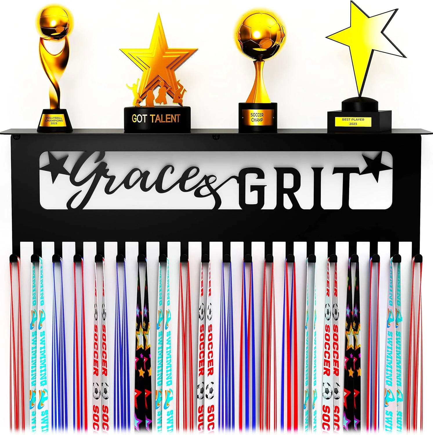 نگهدارنده مدال، قفسه جایزه، قفسه فلزی برای دیوار، قفسه نمایش مدال و جایزه 16 اینچی، مشکی