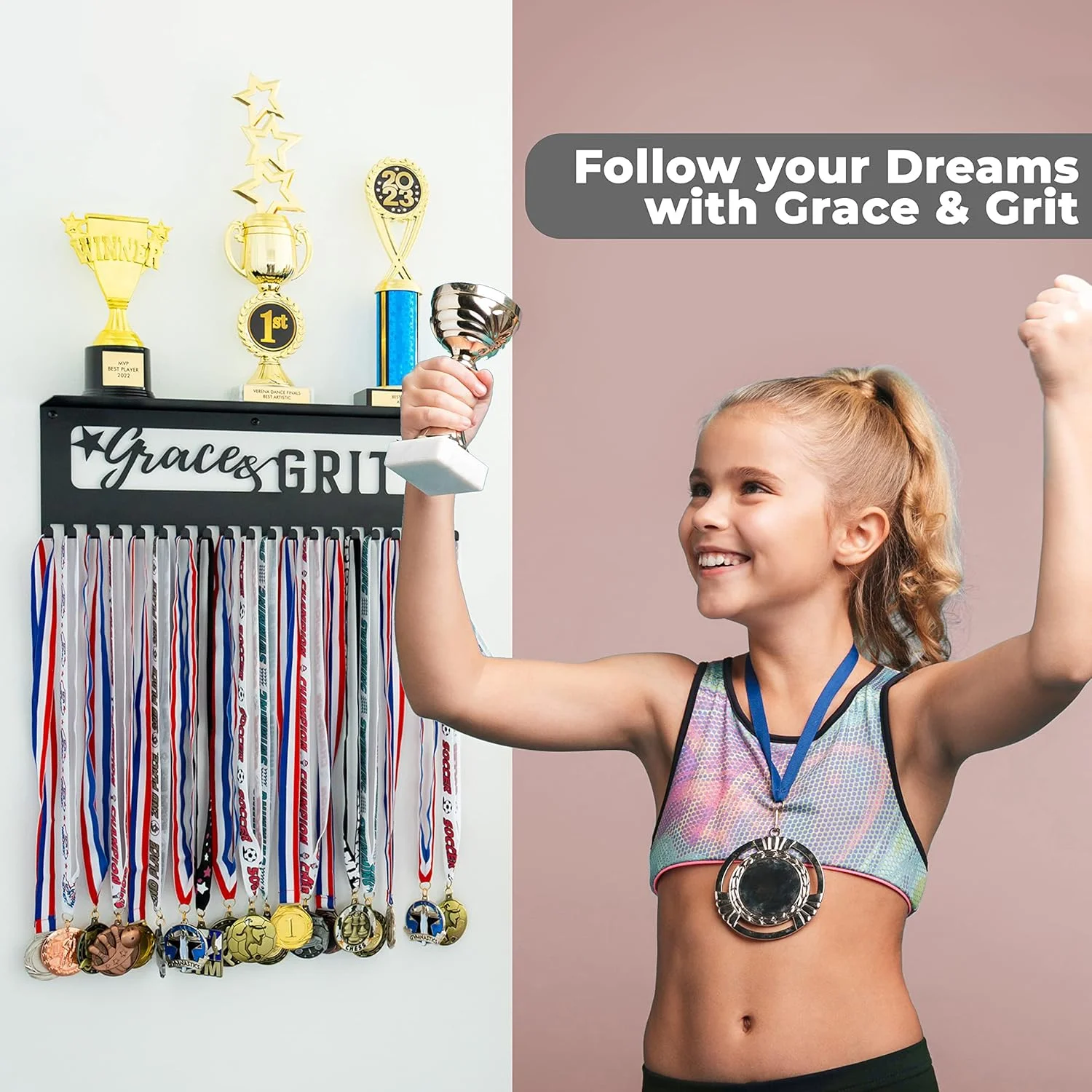 نگهدارنده مدال، قفسه جایزه، قفسه فلزی برای دیوار، قفسه نمایش مدال و جایزه 16 اینچی، مشکی