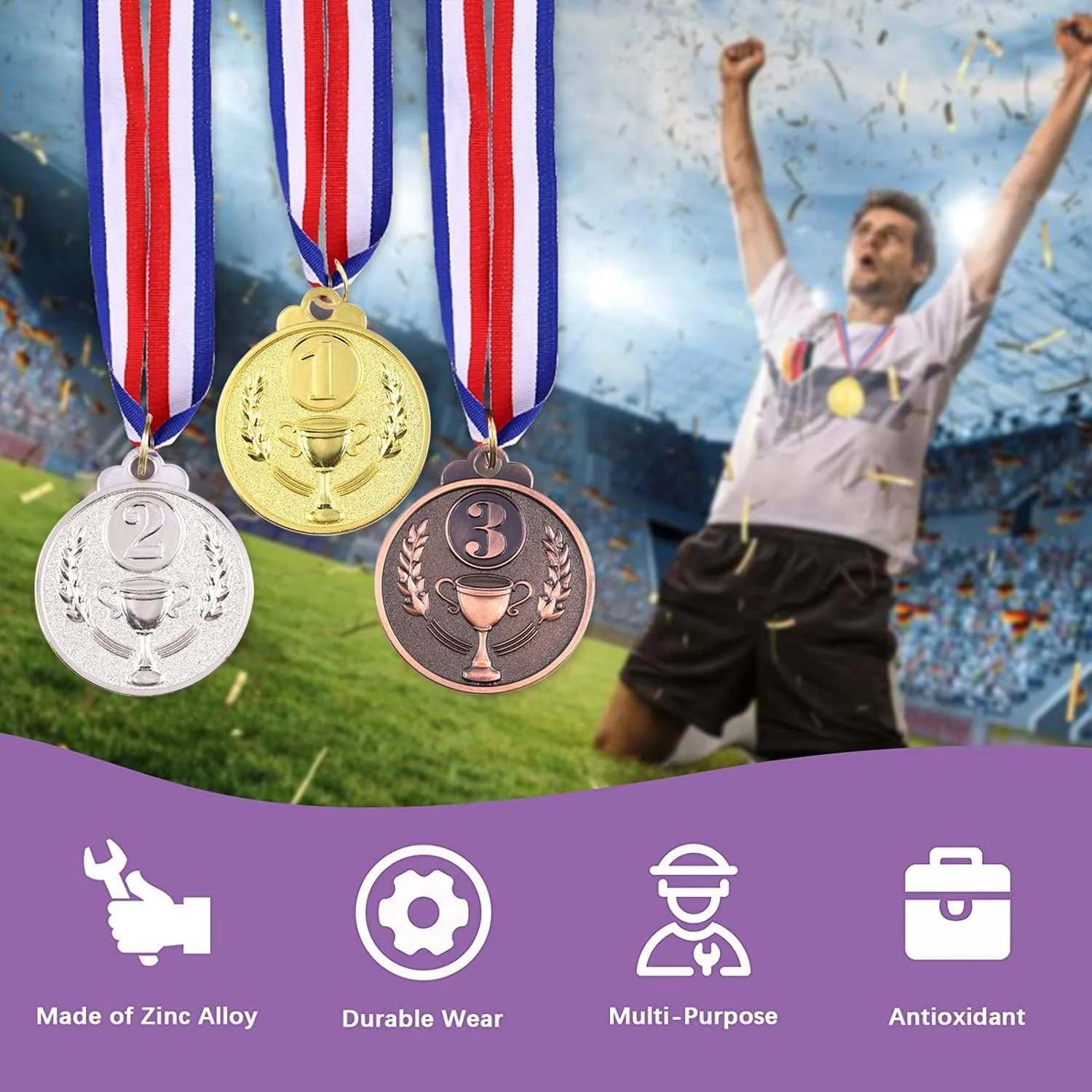 مدال های فلزی جایزه اکسفور برای کودکان، مدال های طلایی نقره ای و برنزی با طرح جام، جوایز اول، دوم و سوم برای جوایز ورزشی، مسابقات، هدایای مهمانی و تزئینات (12 عدد)