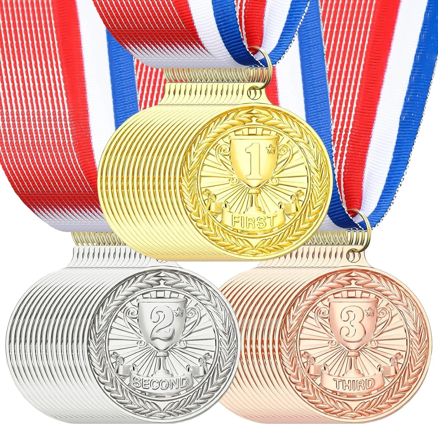 مدال های جایزه طلایی، نقره ای و برنزی، مدال های فلزی ورزشی مقام اول، دوم و سوم برای کودکان، مسابقات بزرگسالان، جوایز مهمانی، رویدادهای مدرسه و تقدیر شرکتی، تندیس های بادوام 2 اینچی