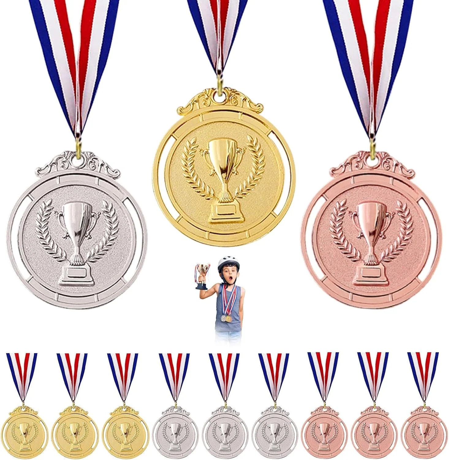 مدال های فلزی BIGTHREE، مدال های طلایی نقره ای برنزی، مدال های روز ورزشی با روبان، الگوی حکاکی جام، 12 عدد برای رویدادهای کودکان، کلاس های درس، کودکان، بزرگسالان، بازی ها و ورزش های اداری
