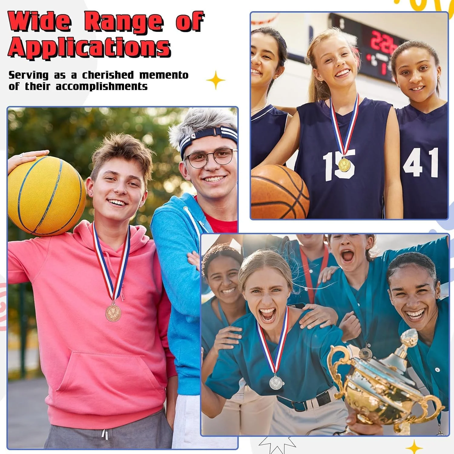 مدال های جایزه طلایی، نقره ای و برنزی، مدال های فلزی ورزشی مقام اول، دوم و سوم برای کودکان، مسابقات بزرگسالان، جوایز مهمانی، رویدادهای مدرسه و تقدیر شرکتی، تندیس های بادوام 2 اینچی