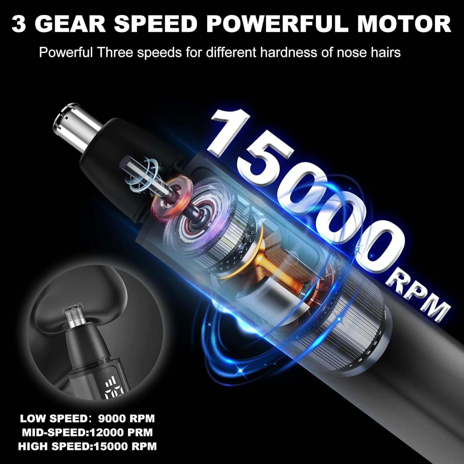موزن گوش و بینی برای آقایان و بانوان - موزن بینی کلیپر پرو-15000 دور در دقیقه با 3 سرعت و نمایشگر LED، ست موزن با تیغه های دو لبه، ضد آب IPX7، قابل شارژ با Type C (مشکی)