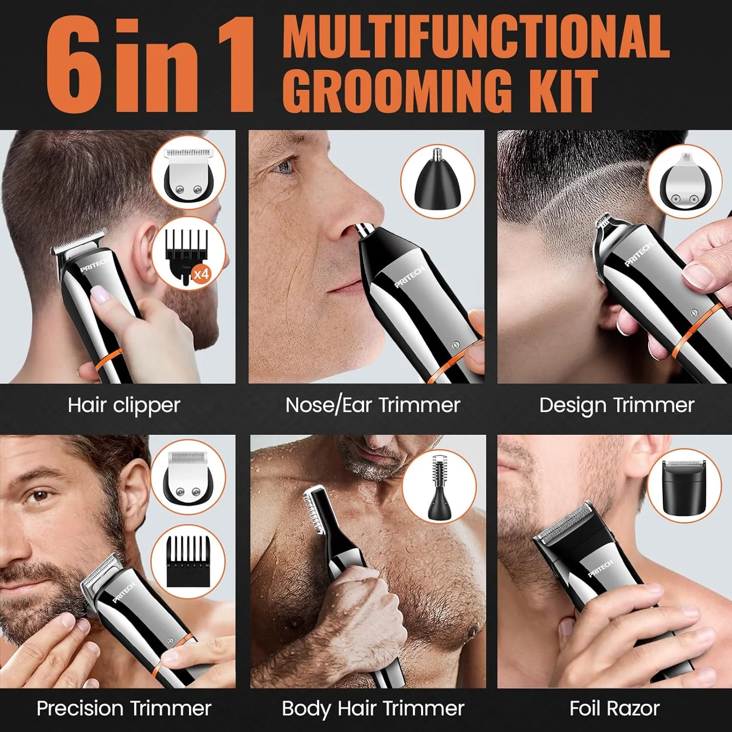 ماشین اصلاح موی سر PRITECH، خط زن ریش مردانه، کیت پیرایش و اصلاح موی سر بی سیم، قابل شارژ با USB، 6 در 1 ماشین اصلاح موی سر PRITECH، خط زن ریش مردانه، کیت پیرایش و اصلاح موی سر بی سیم، قابل شارژ با USB، 6 در 1
