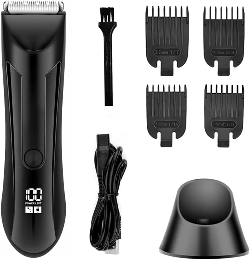 ماشین اصلاح موی بدن و ریش تراش برقی Necomi® - ماشین اصلاح ضد آب برای آقایان با تیغه سرامیکی قابل تعویض و پایه شارژ USB، کیت نظافت برای آقایان