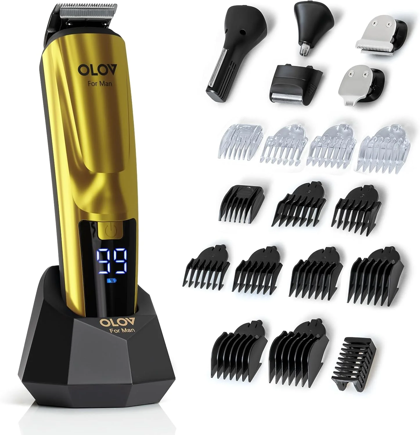 ست پیرایش ریش، کیت آرایشی 21 تکه مردانه و ماشین اصلاح مو، ریش تراش برقی شارژی بی سیم برای ریش، صورت، بینی و مو، طلایی
