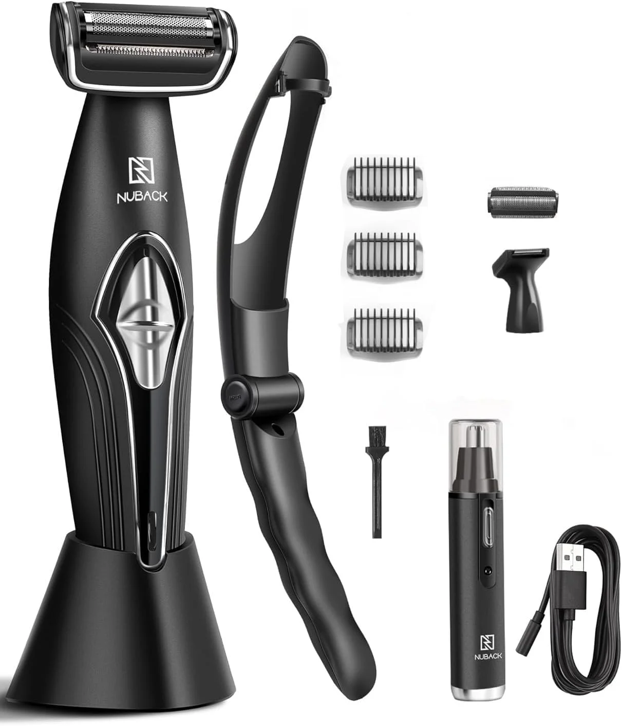 ماشین اصلاح موی پشت نوبک با دسته بلند برای آقایان، ریش تراش برقی چند منظوره خودکار موی پشت با دسته جداشدنی، موزن برای آقایان با سری مخصوص پشت، قابل استفاده به صورت خشک و مرطوب (مشکی)