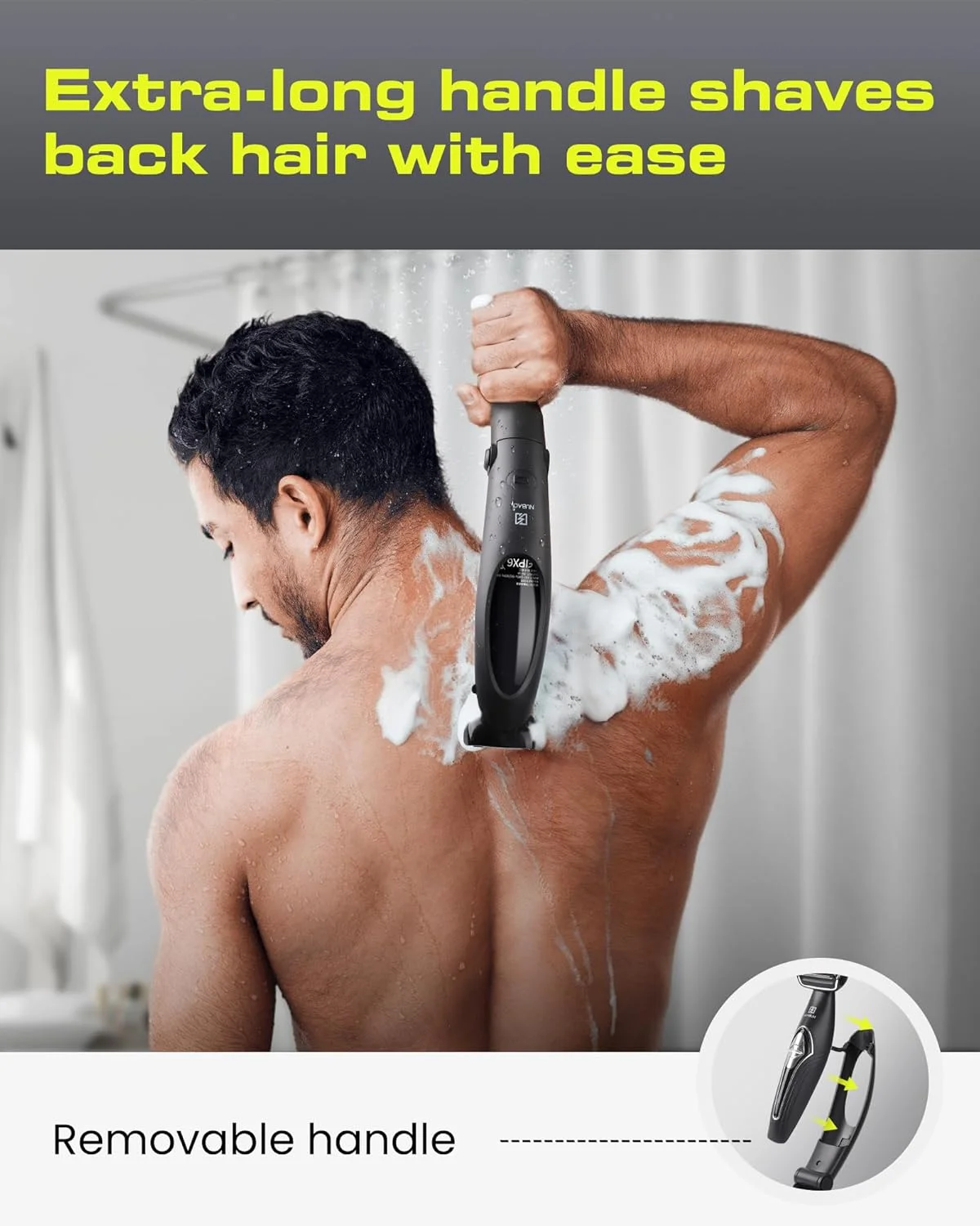 ماشین اصلاح موی پشت نوبک با دسته بلند برای آقایان، ریش تراش برقی چند منظوره خودکار موی پشت با دسته جداشدنی، موزن برای آقایان با سری مخصوص پشت، قابل استفاده به صورت خشک و مرطوب (مشکی)