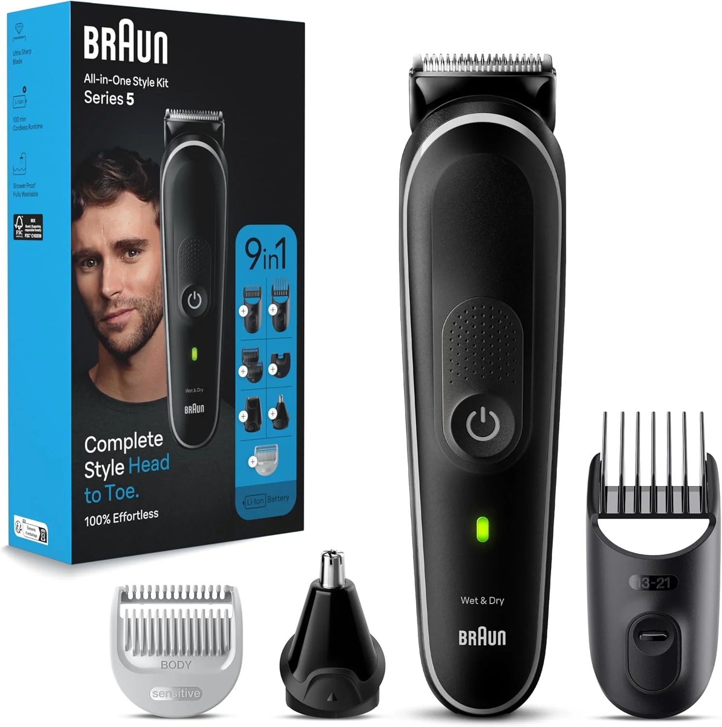 ست حالت دهنده چند منظوره 9 در 1 براون مدل MGK 5410، ابزارهای منتخب پیرایش کامل از سر تا پا برای اصلاح ریش، بدن، گوش و بینی و کوتاه کردن مو در خانه، با 100 دقیقه کارکرد، کیف، خاکستری