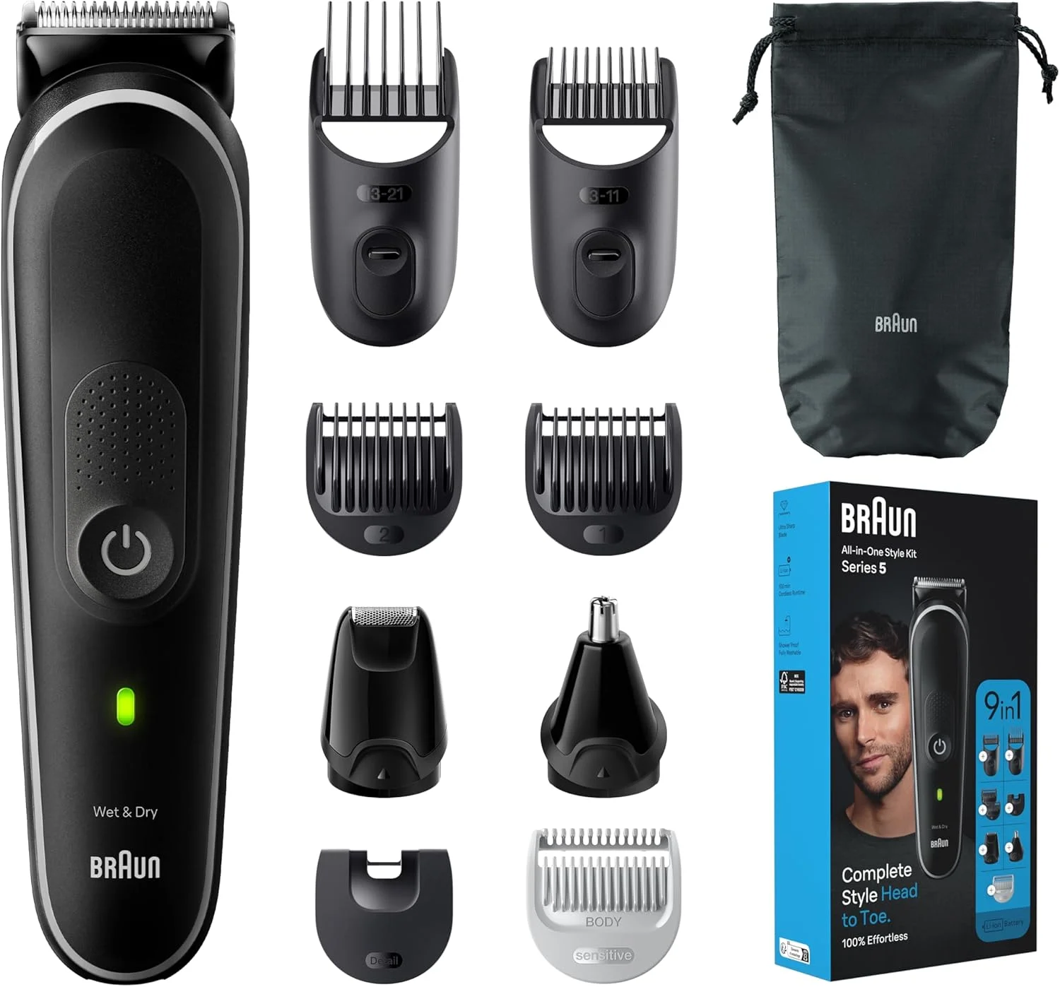 ست حالت دهنده چند منظوره 9 در 1 براون مدل MGK 5410، ابزارهای منتخب پیرایش کامل از سر تا پا برای اصلاح ریش، بدن، گوش و بینی و کوتاه کردن مو در خانه، با 100 دقیقه کارکرد، کیف، خاکستری