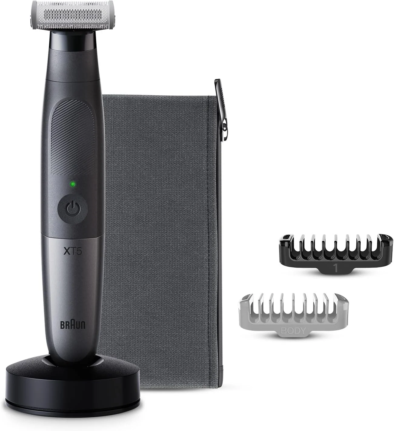 ماشین اصلاح صورت و بدن براون سری X مدل XT5300، تیغه 4D-Flex، ضد آب، 6 شانه، کیف، استند شارژ، اصلاح، حالت دهی و تراشیدن با یک ابزار - خاکستری تیره