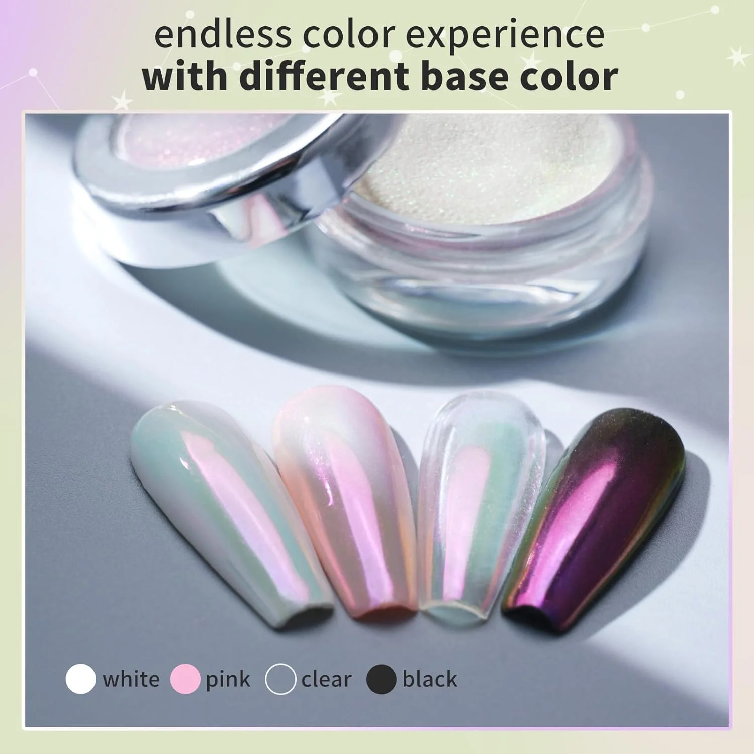 پودر کروم ناخن پریتی دیوا آرورا - پودر ناخن کروم مهتابی با پودرهای متالیک چند رنگ با جلوه آینه ای، پودر رنگدانه رنگین کمانی با جلوه زرد مهتابی جادویی برای ناخن